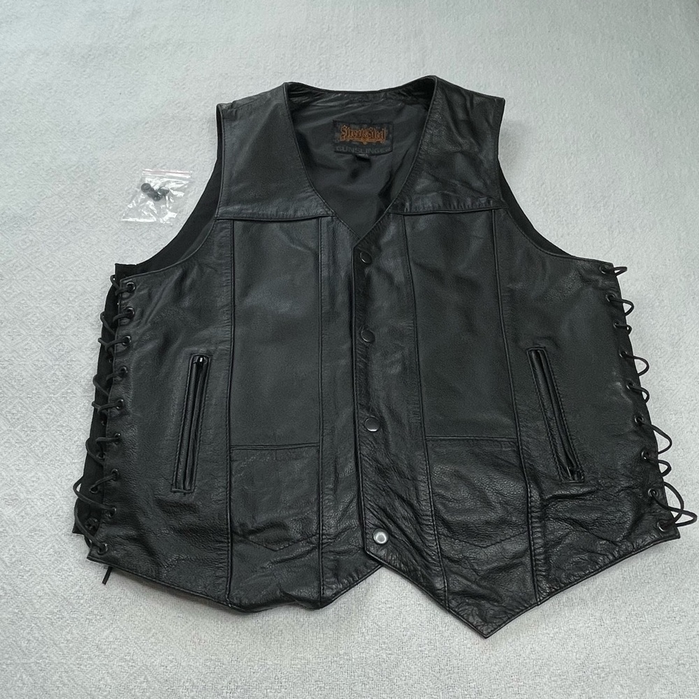 Street & Steel Black Leather‎ Vest with Side Lacing ~ Size Large ~ “Gunslinger “